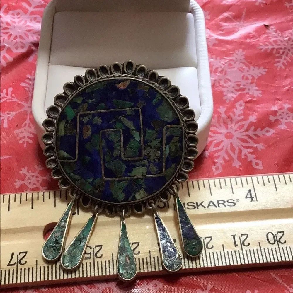 Vi large sterling turquoise and lapis sun / rain brooch